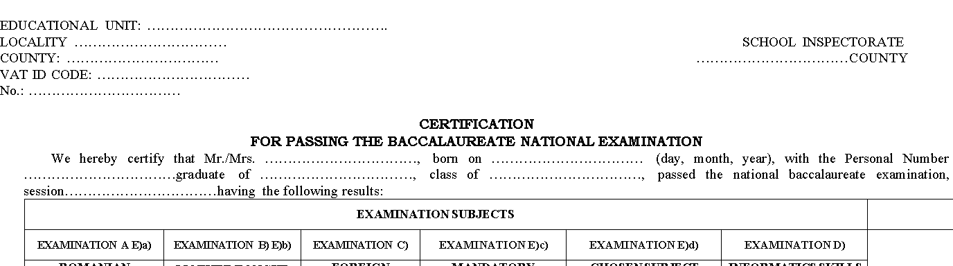 Certification for passing the Baccalaureate National Examination ...